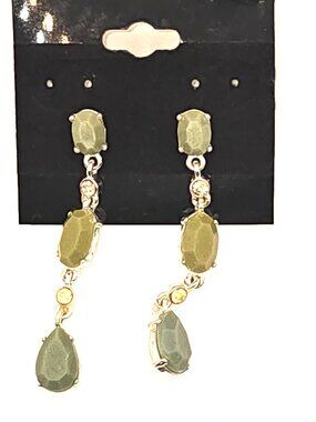 Signed Vintage Liz Claiborne Silver Toned Green Yellow Rhinestones Drop Earrings